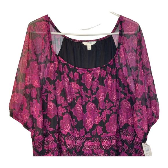 Terra & Sky New Magneta Black Floral Dress Short Sheer Sleeve Size 4X 28W-30W - Picture 2 of 5